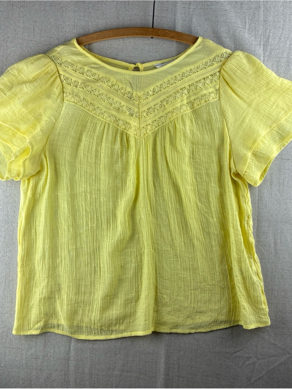 Counterparts Womens Sheer Gauzy Shirt Pale Yellow Embroidered Flutter Peasant L